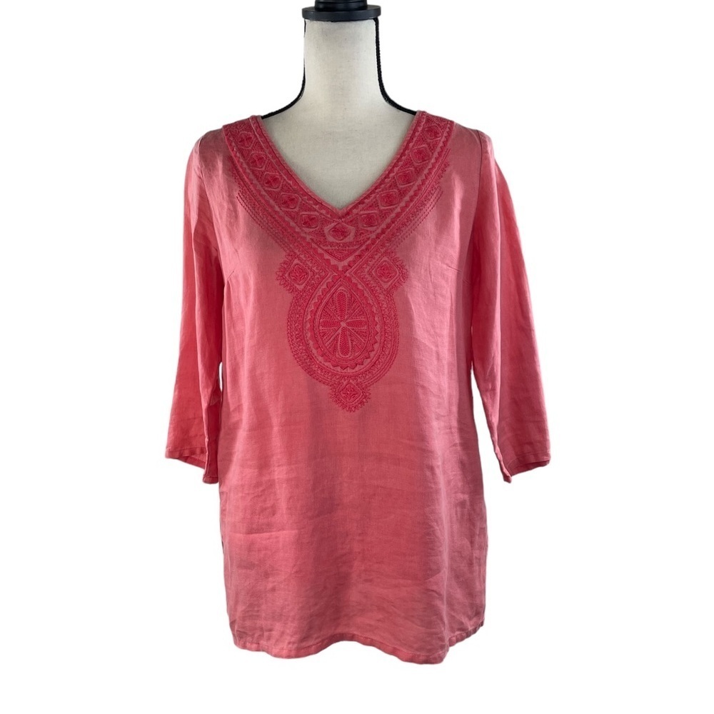Tommy Bahama Tunic 100% Linen V-Neck Embroidered Front 3/4 Sleeves Salmon XS/XXS